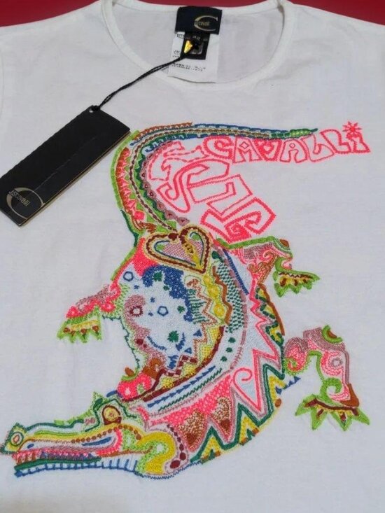 Roberto Cavalli Tops - Roberto Cavalli Graphic T Shirt Crocodile Y2K Colorful Embroidered Designer Tee